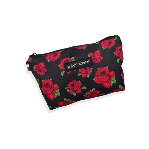 Betsey Johnson 8.5 Inch Zipper Cosmetic Pouch Small Toiletry Bag-Lightweight Durable Polyester Organizer with Inner Zipped Pocket Good For Makeup Accessories and Travel Needs ( Covered Rose )