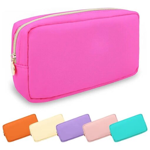 Waterproof Small Makeup Bag Pouch for Purse, Nylon Travel Toiletry Storage Bag Cute Preppy Cosmetic Bag for Women Girl, Waterproof Makeup Organizer Bag Skincare Bag Purse with Zipper ( Small-Hot Pink )