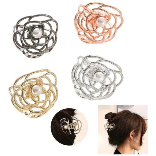 Mini Rose Flower Hair Claw Clips for Women 2 Inch Cute Pearl Small Hair Clip | 4 Pcs Metal Nonslip Headdress Gold Silver Women and Girls Fine Hair Fancy Horsetail Clip