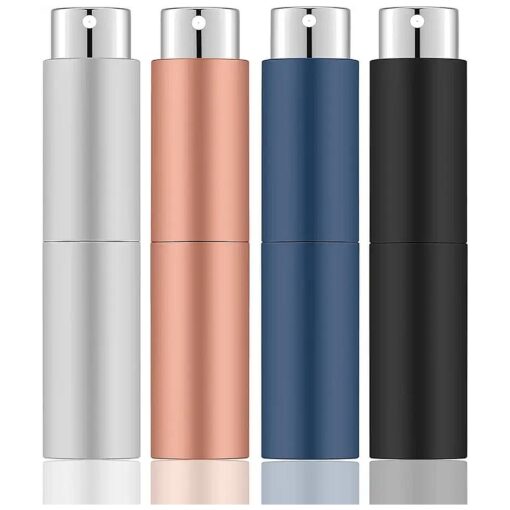 Lil Ray 8ML Portable Mini Perfume Atomizer Spray Bottle ( 4 PCS ), Travel Refillable Atomizer Sprayer for Perfume, Cologn, Fragrance with Twist Design ( Matte Black & Rose Gold & Blue & Silver )