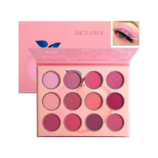 DE'LANCI Pink Eyeshadow Palette,12 Colors Peach Matte & Shimmer High Pigmented Mini Makeup Eyeshadow Pallet, Warm Natural Blendable Long-Lasting Waterproof Small Pallets Eyeshadow