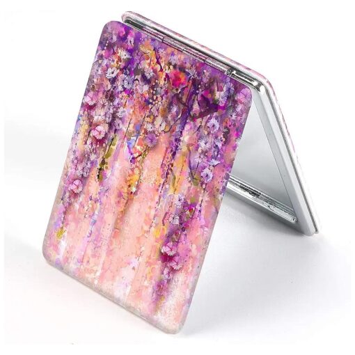 Dynippy Compact Mirror Square Pu Leather Makeup Mirror for Purses Small Pocket Mirror Portable Hand Mirror Double-Sided with 2 x 1x Magnification for Woman Mother - Flower