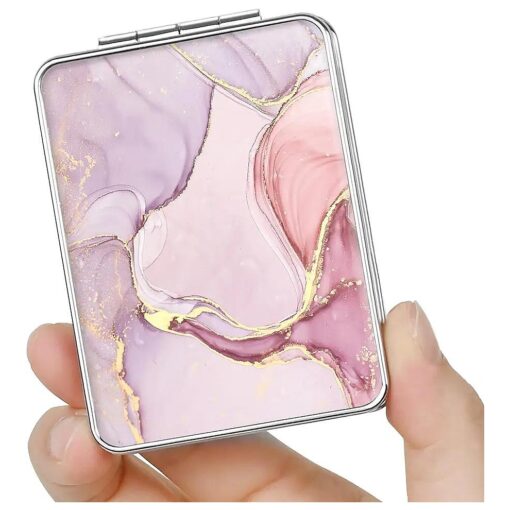 Pocket Mirror, Small Travel Mirror with Magnification, Portable Double-Sided Magnifying Cosmetic Mirror for Daily ( Pink Marble )