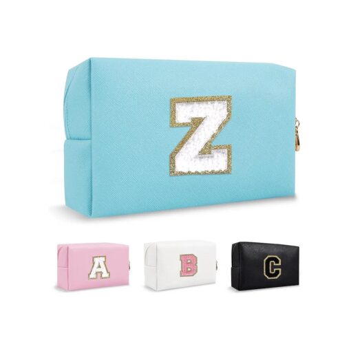 Small Initial Preppy Makeup Bag, Personalized Cute Blue Cosmetic Organizer Chenille Letter Travel Toiletry Zipper Pouch for Purse, Waterproof PU Make Up Case Birthday Gifts for Women Friend ( Letter Z )