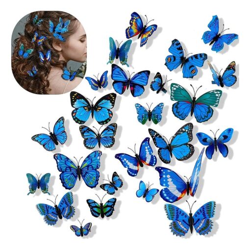 24 Pieces Butterfly Hair Clips Small Realistic Colorful Handmade 90s Hair Clips Barrette Hair Accessories for Women and Girls ( Blue )