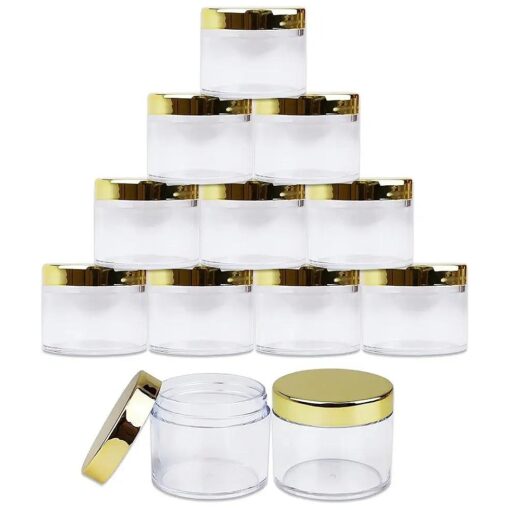 Beauticom 60 Grams/60 ML ( 2 Oz ) Round Clear Leak Proof Plastic Container Jars with Gold Lids for Travel Storage Makeup Cosmetic Lotion Scrubs Creams Oils Salves Ointments ( 12 Jars )