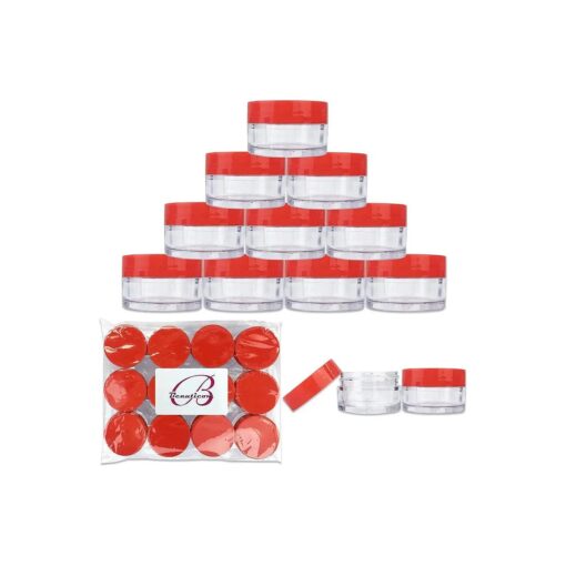 Beauticom 20 gram/20ml Empty Clear Small Round Travel Container Jar Pots with Lids for Make Up Powder, Eyeshadow Pigments, Lotion, Creams, Lip Balm, Lip Gloss, Samples ( 12 Pieces, Red )