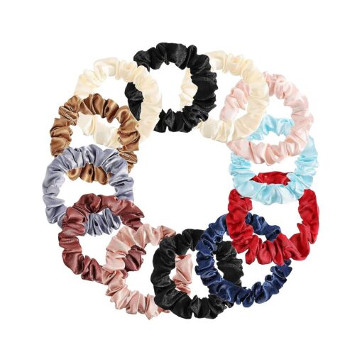 12 Pieces Small Silk Scrunchies for Hair Mini Satin Scrunchy Elastic Ponytail Holders Thin Hair Bands Thick Curl Hair Ties Skinny Hair Ties Ropes for Women Girl ( Fresh Color )