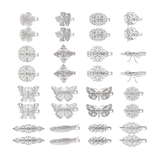 Cinaci 32 Pack/16 Pairs Small Metal Silver Retro Vintage Leaf Flower Butterfly Alligator Hair Clips Duckbill Mini Barrettes Decorative Tiny Hair Pins Accessories for Women Girls Fine Thin Short Hair