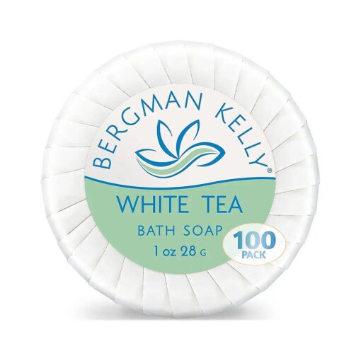 BERGMAN KELLY Hotel Soap Bars ( White Tea, 1 oz, 100 PK ), Travel Size Luxury Bulk Amenities Bar Soap, Mini Individually Wrapped Round Soap, Small Toiletries for Airbnb, Motel, Guest Bathroom