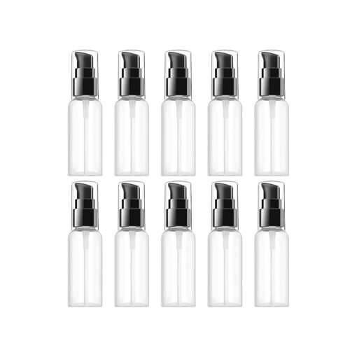 VIDELLY 10 Pieces Travel Pump Bottles for Toiletries 2oz Small Pump Bottles Clear Travel Bottle Plastic Empty Spray Bottle Dispenser With Black Cap For Lotion Cream Essential Oil ( 50ml, Clear )