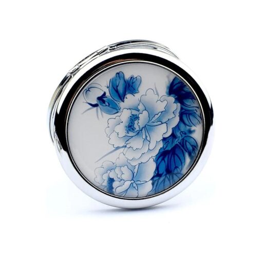 Blue Magnifying Compact Mirror for Purse - 1x/2x Magnification Travel Makeup Mirror, Small Flower Pocket Mirror, Handheld 2-Sided Portable Cosmetic Mirror, Compact Mirror for Gift