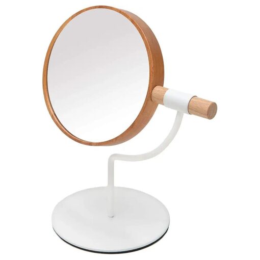 YEAKE Desk Table Mirror with Mental Stand, 3X Magnification Small Wooden Desktop Mirror,360deg Rotation Countertop Mirror for Makeup ( White )