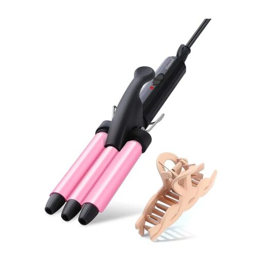 Mini Three Barrel Curling Iron, Small Curling Wand 1/2 Inch for Home and Travel, Ceramic Tourmaline Add Shine to Waves, Youuish Dual Voltage Hair Crimper, Pink