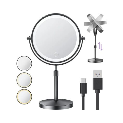 8.5" Rechargeable Lighted Height Adjustable Makeup Mirror with 3 Light Colors, Dimmable Double-Sided 1X/10X Magnification LED Vanity Mirror, 360deg Rotation Tabletop Standing Mirror - Black