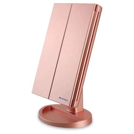 Lighted Makeup Mirror, Tri-fold Vanity Mirror with 1X/2X/3X Magnification Mirrors, 21 Natural LED Nights and Touch Screen, Chargeable Travel Cosmetic Mirror for Desktop ( Rose Gold )