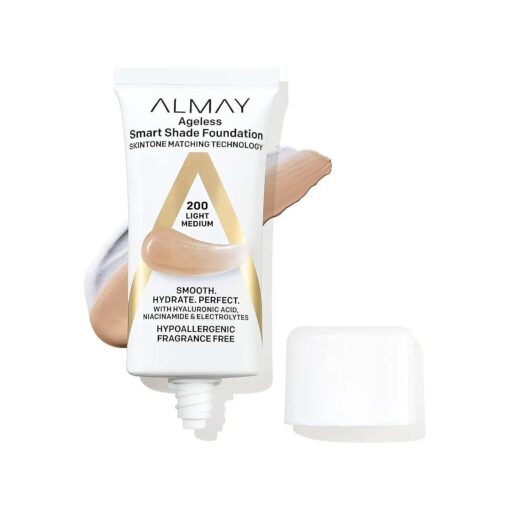 Almay Anti-Aging Foundation, Smart Shade Face Makeup with Hyaluronic Acid, Niacinamide, Vitamin C & E, Hypoallergenic-Fragrance Free, 200 Light Medium, 1 Fl Oz ( Pack of 1 )