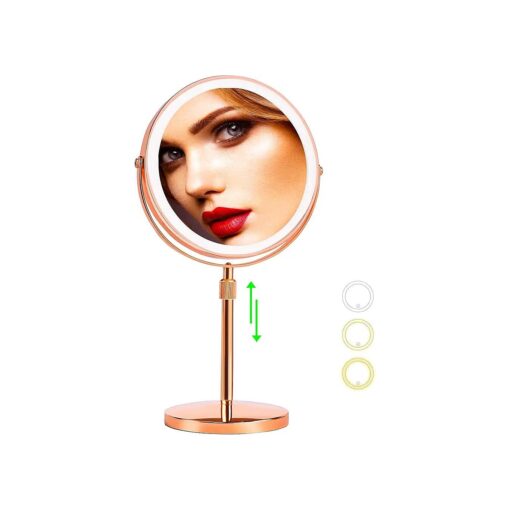 Lighted Rechargeable Smart Vanity Mirror with 3 Color Light Modes, Height Adjustable, 1x/10x Light Up Mirror and Magnification, Led Vanity Mirror with Touch Control for Makeup ( Rose Gold )