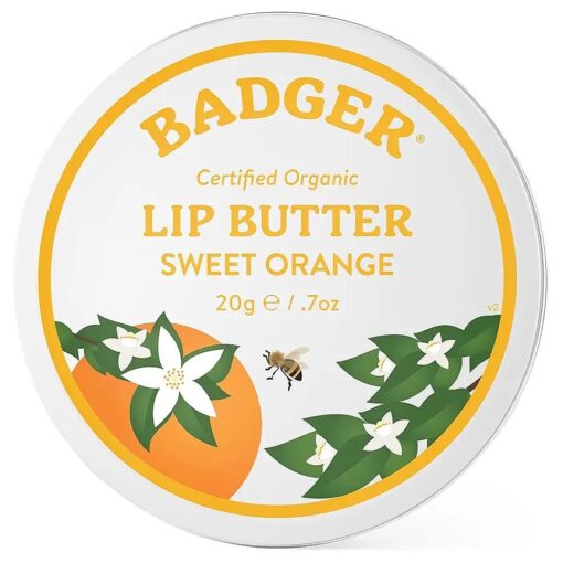 Badger - Sweet Orange Lip Butter, Moisturizing Organic Coconut Oil, Beeswax, Sunflower & Orange Oil