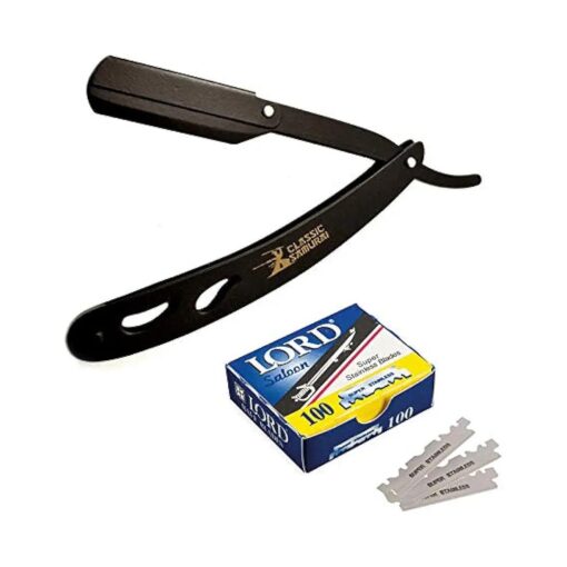 CS-102 Stainless Steel Professional Barber Straight Edge Shavette Cut Throat Razor ( Matte Black + 100 Lord Blades )