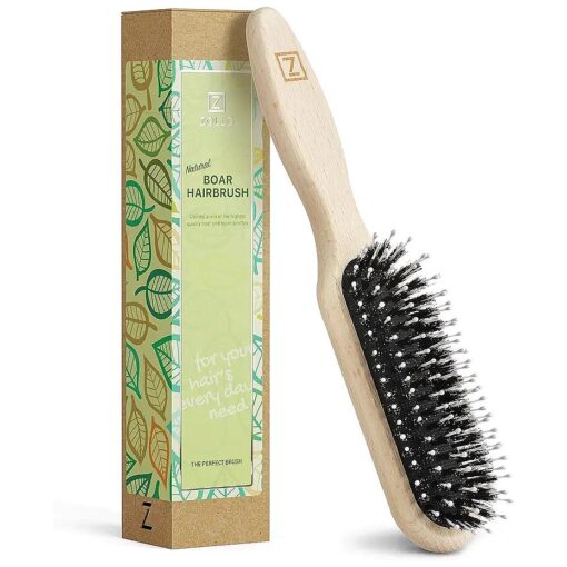 Natural Boar Bristle Hair Brush for Women, Men, Kids ; Dry and Wet Detangling Hair Brush Gently Enhances Shine, Smooths Frizz and Prevents Breakage in Fine and Straight, Thick and Curly Hair ( long )