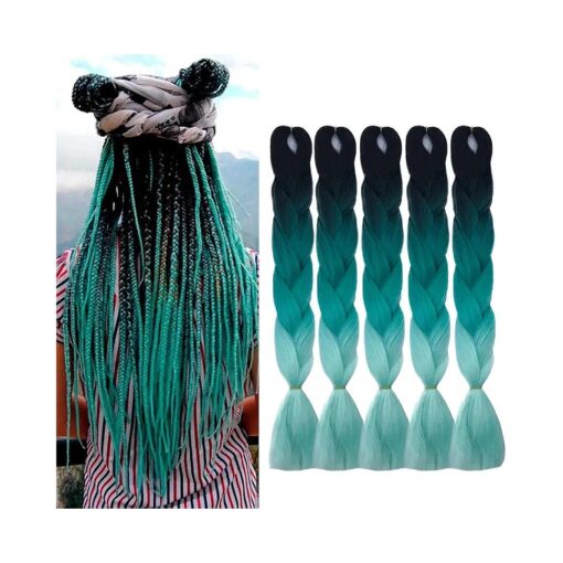 24 Inch Ombre Jumbo Braiding Hair Extensions Ombre Braiding Hair 5 Pack Ombre Kanekalon Braiding Hair Synthetic Fiber Hair For Braiding ( Black to Green to Light Green )