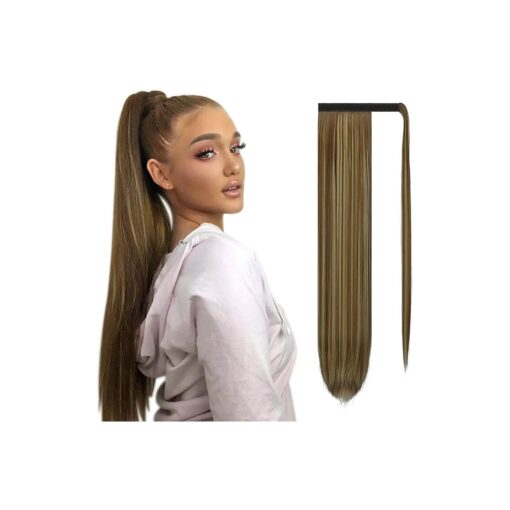 SOFEIYAN Long Straight Ponytail Extension 26 inch Wrap Around Ponytail Synthetic Hair Extensions Clip in Ponytail Hairpiece for Women, Blonde & Medium Brown