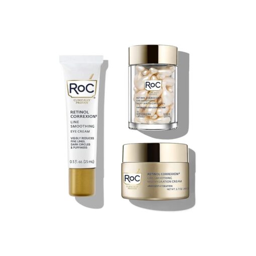 RoC Retinol Correxion Line Smoothing Eye Cream + Retinol Serum Capsules For Night + Max Hydration Creme With Hyaluronic Acid For Day, Skin Care Routine for Women and Men