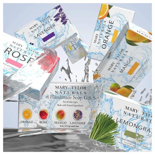 Mary Tylor Naturals Natural Soap Bar ( 6 Set ) -- Gift Set Variety Pack for Men & Women -- Face and Body Soap -- Orange, Rose, Mango, Lavender, Jasmine, Lemongrass -- 4 oz each Bar, Hand Made