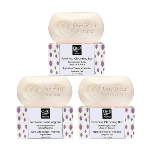 One With Nature Feminine Cleansing Bar 3Pack 3.5Oz - Fragrance-Free Feminine Soap Bar, Probiotics, Apple Cider Vinegar, Omega Fatty Acids, Oatmeal, Pure, Gentle Cleansing Bar for All Skin, Face, Body