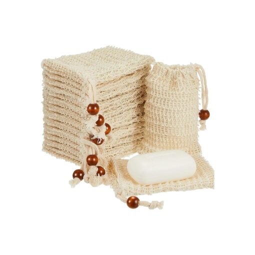 Cunhill Soap Saver Bag Sisal Soap Bag Exfoliating Soap Pouch with Drawstring Bar Soap Bag with Wooden Bead Foaming and Drying Soap Exfoliating Net Soap Saver for Bath and Shower ( 80 )