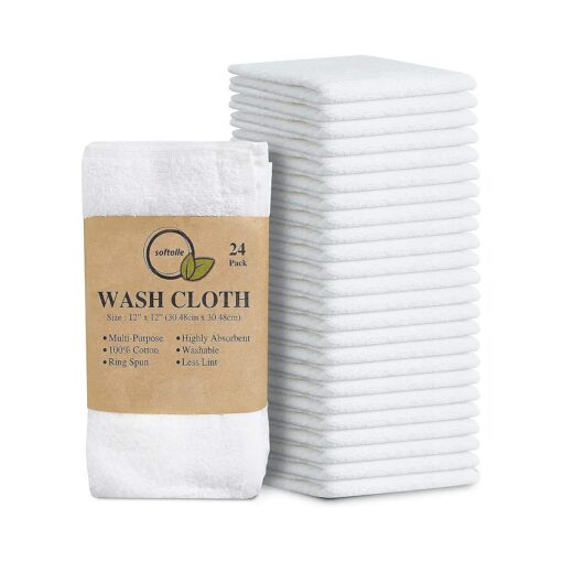 Softolle 100 % Cotton Ring Spun Wash Cloths - Bulk Pack of Washcloths - 12x12 Inches - Wash Cloth for Face, Highly Absorbent, Soft and Face Towels ( White, 24 Pack )