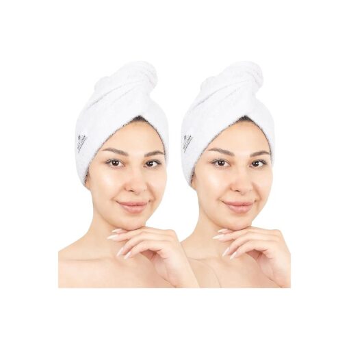 American Soft Linen 100 % Cotton Hair Towels for Women, Head Towel Cap, Cotton Hair Turban Towel Wrap for Long Curly Anti Frizz Hair, Soft and Absorbent Cotton Hair Towels 2 Pack, White