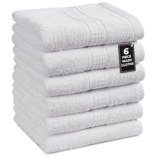 LANE LINEN 6 PC Wash Cloths Bathroom Set -100 % Cotton Highly Absorbent Washcloths Bulk, Premium Spa & Hotel Quality Wash Clothes - White