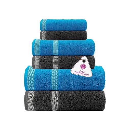 CASA COPENHAGEN Solitaire Mix 6 Pieces Towel Set- Teal + Pinstripe Grey, 600 GSM 2Bath Towel 2Hand Towel 2Washcloth, Designed in Denmark Made of Soft Egyptian Cotton for Bathroom, Kitchen & Shower