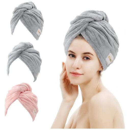 3 Pack Microfiber Hair Towel, Hair Towel Wrap, Hair Drying Towel, 350 GSM Super Absorbent and Lightweight Hair Turban to Dry Hair Faster ( Pink & Gray & Gray )