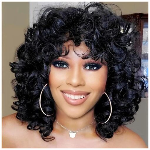 andromeda Curly Wigs for Black Women Soft Short Curly Wig with Bangs Afro Loose Curls Heat Resistant Synthetic Wig for African American Women ( Black )