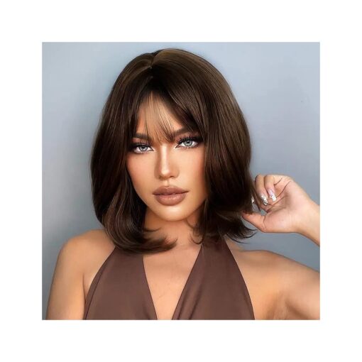 Brown Bob Wig with Bangs, Brown Wigs for Women Short Brown Wig Synthetic Wig 150 % Density Synthetic Wigs with Bangs This Brown Bob Wig is Slightly Reddish in the Sun