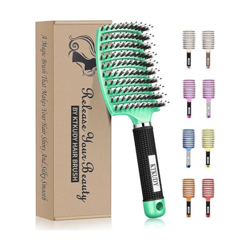 KTKUDY Detangling Brush Boar Bristles Hair Brush Make Hair Shiny & Healthier Curved and Vented Detangler Brush for Women Men Kids Wet & Dry Hair ( Light green )