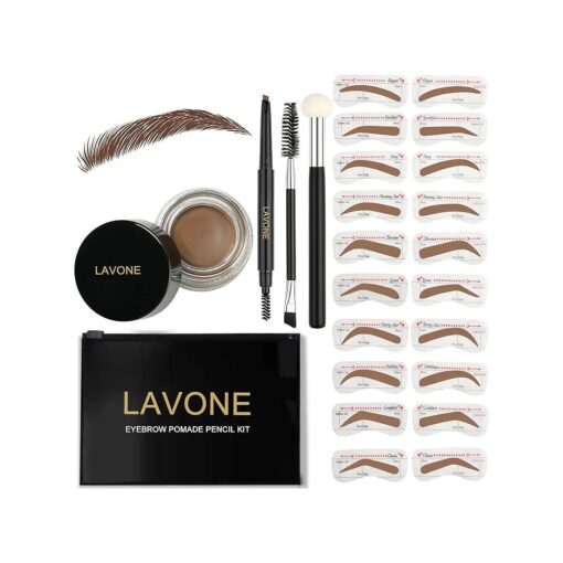 LAVONE Eyebrow Stamp Stencil Kit, Brow Stamp Trio Kit with Waterproof Eyebrow Pencil, Pomade, 20 Eyebrow Stencils, Dual-ended Eyebrow Brush and Sponge Applicator - Soft Brown