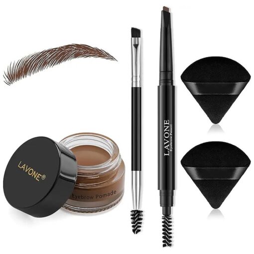 LAVONE Eyebrow Pencil Makeup Kit for Eyebrow Makeup, Make up Brow Kit with Waterproof Eyebrow Pencil, Eyebrow Pomade, Powder Puff and Dual-ended Eyebrow Brush - Soft Brown