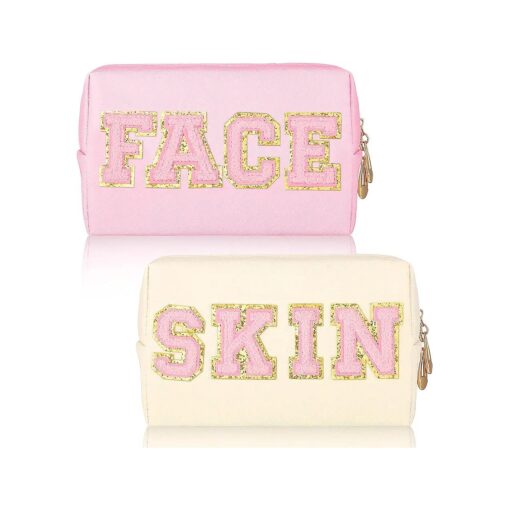 2 Pcs Preppy Patch Makeup Bag Waterproof Chenille Letter Cosmetic Bag Portable Toiletry Bag Zipper Pouch Travel Organizer for Women Girls ( PU Leather, Fresh Style )