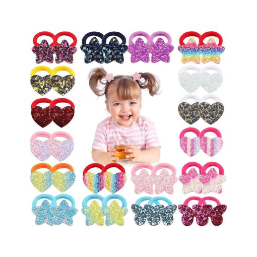 36 Pcs Glitter Hair Ties for Baby Girls Elastic Rubber Bands Hair Scrunchies for Toddler Girls Rainbow Sequin Sparkle Star Heart Butterfly Cartoon Ponytail Holders Hair Accessories Sold by Zifengcer