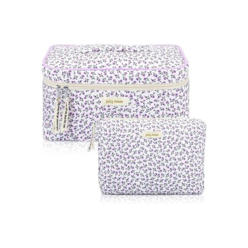 2 Pcs Cotton Quilted Makeup Bag, Large Travel Coquette Cosmetic Bag, Aesthetic Cute Floral Cherry Peony Toiletry Organizer skincare Bag for Women Girls ( Purple Flower Style )