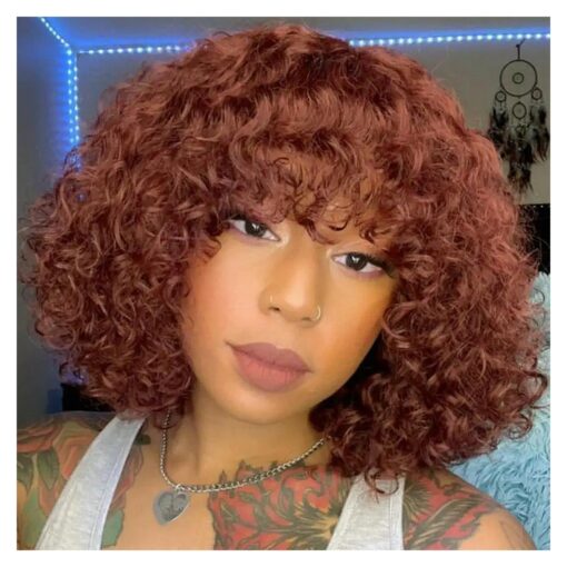 Short Curly Wig with Bangs Human Hair for Women Reddish Brown 10 inch Short Water Wave Bob Wig 150 % Density Glueless Wig ( Color : 33A )