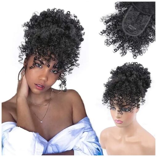 ENTRANCED STYLES Drawstring Ponytail with Bangs Afro Puff Ponytail Extensions for Women Short Curly Puff Ponytail with Bangs Clip in Wrap Updo Hairpiece for Women ( 1B )