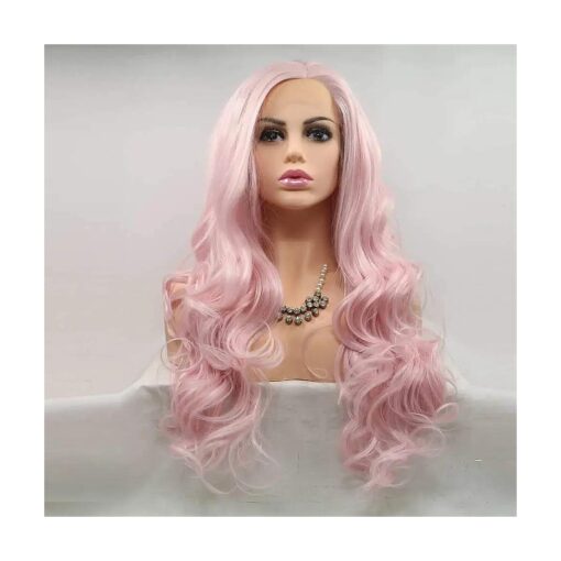 xiweiya Pink Wig Long Body Wave Light Pink Synthetic Lace Front Wig Heat Resistant Fiber Hair Wig Middle Part Cosplay Wig 24inch