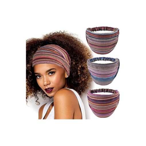 CAKURE Boho Wide Headbands African Head Wraps Stretchy Hairbands Stripe Turban Head Bands for Women and Girls Pack of 3 ( Set1 )