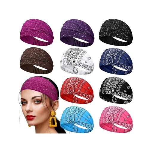 WILLBOND 10 Pieces Women Yoga Headbands Paisley Headbands Wide Bandana Headband Stretchy Headwrap with Rhinestone for Workout Running Cycling Climbing