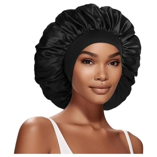 Eatra Large Satin Bonnet Hair Cap, 17inches Silk Bonnet for Sleeping, Jumbo Silk Sleep Cap for Women Braids Curly Hair Locs 1Pcs ( Black )